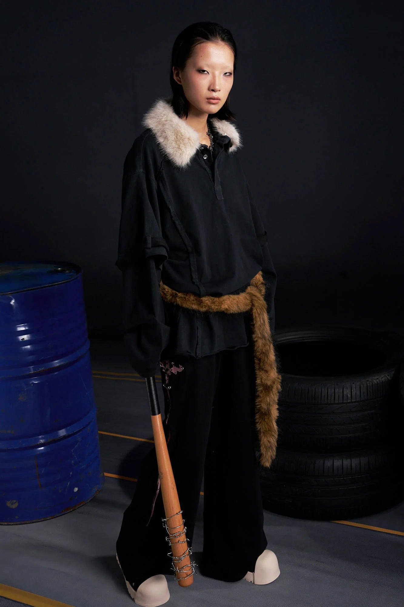 RECOVER ZONE Detachable Faux Fur Collar Long Sleeve Shirt