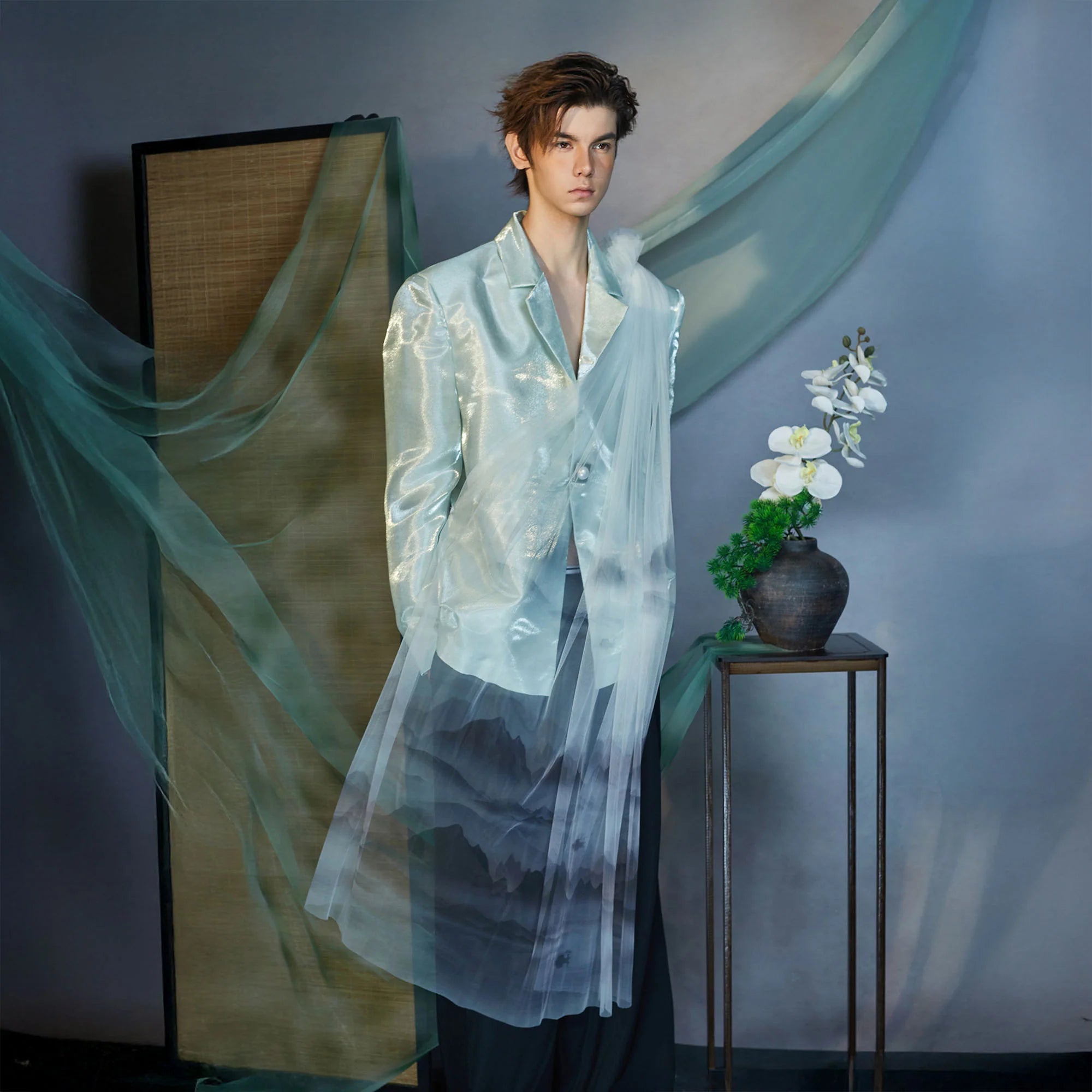 JIECHI Gradient Tulle Drape Satin Blazer