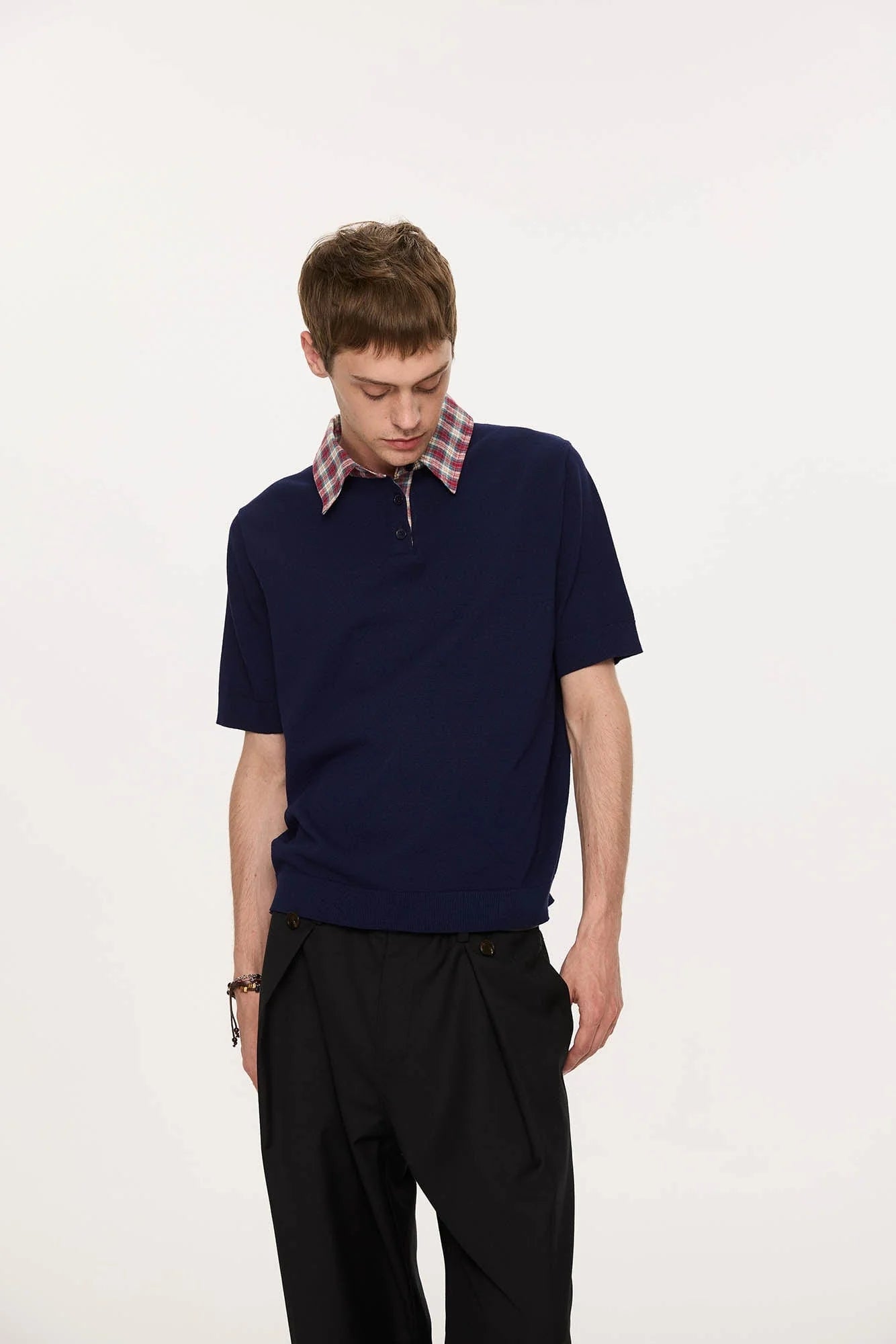KREATE Preppy Spliced Plaid Collar Knit Polo
