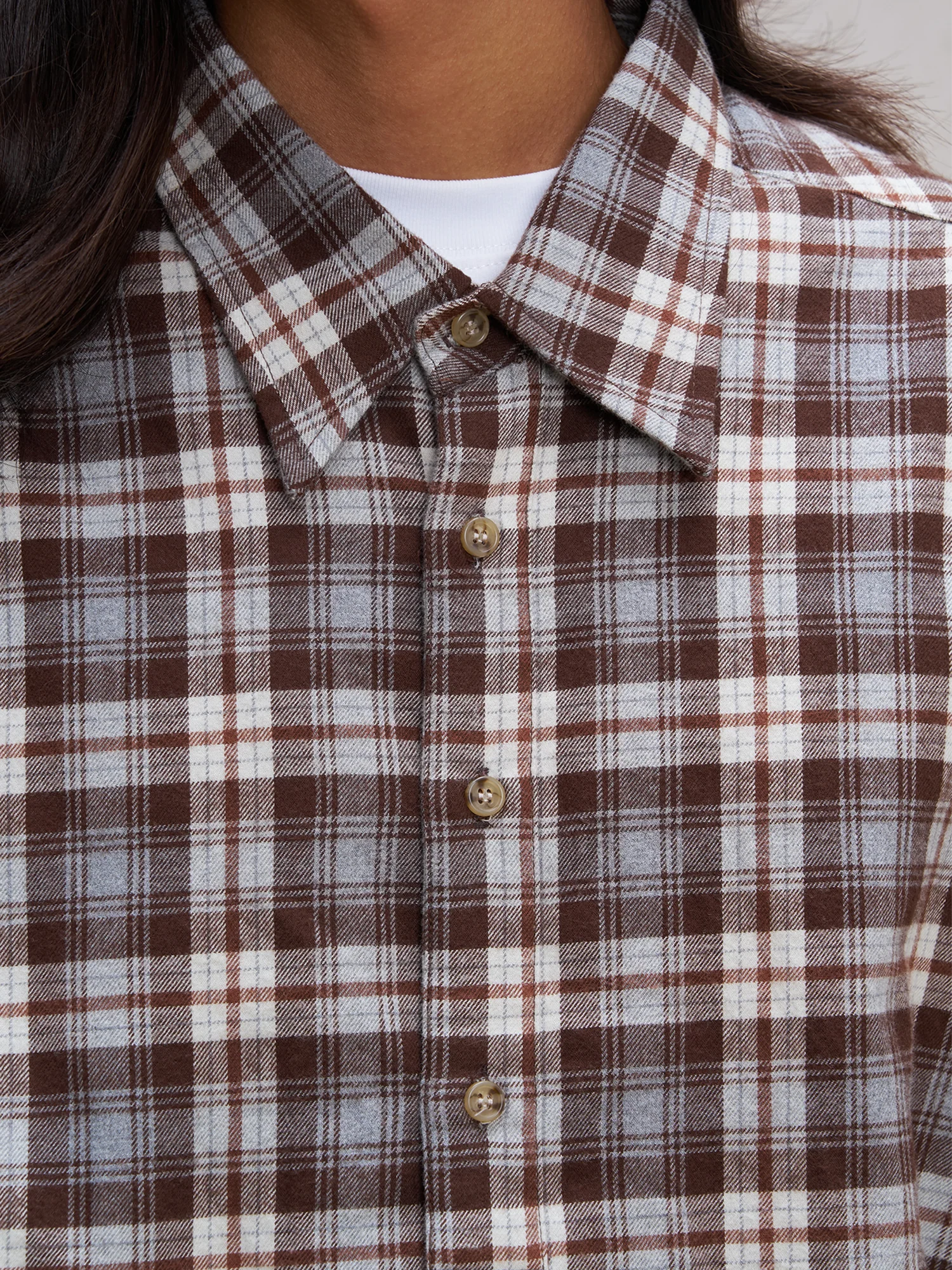 UNLIMITED MOTE Plaid Oversized Half-Open Collar Shirt Brown