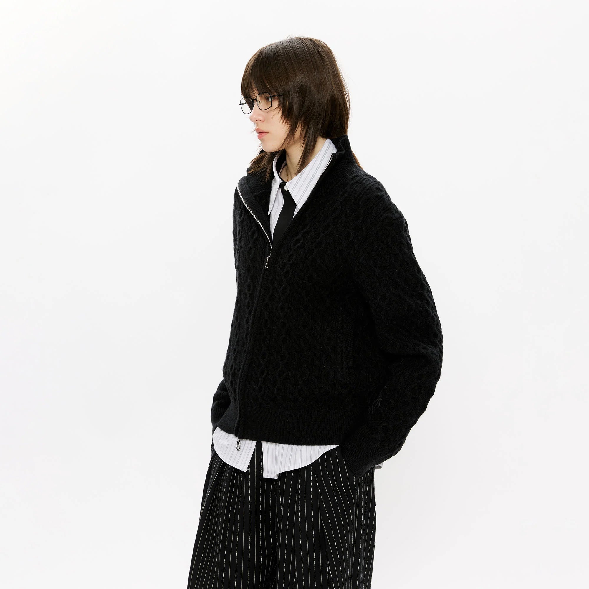 KREATE Asymmetrical Zip Cable-Knit Sweater