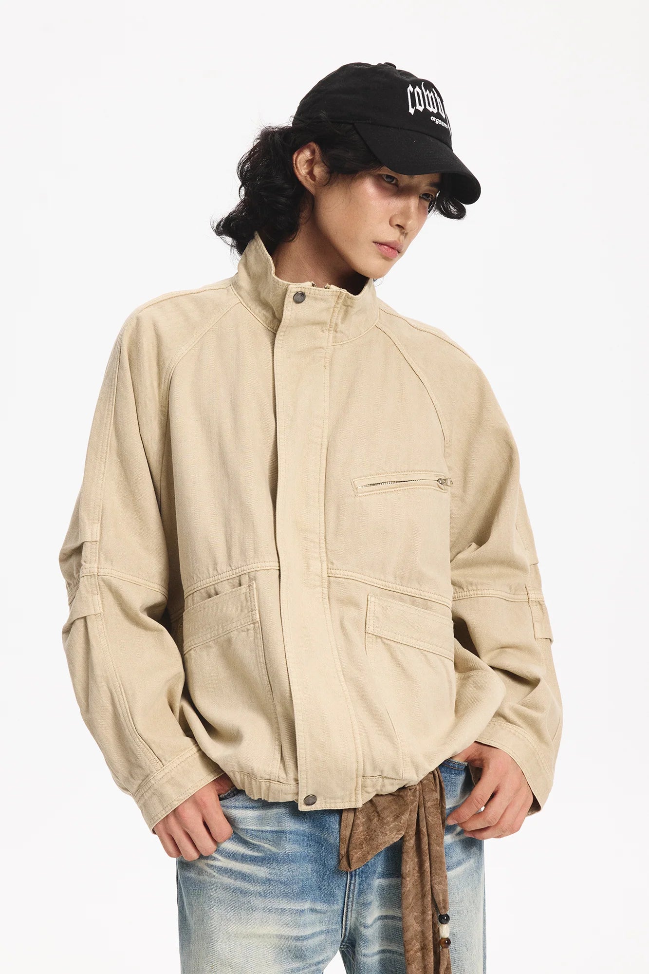 LEONSENSE Utility Raglan Stand-Collar Denim Jacket