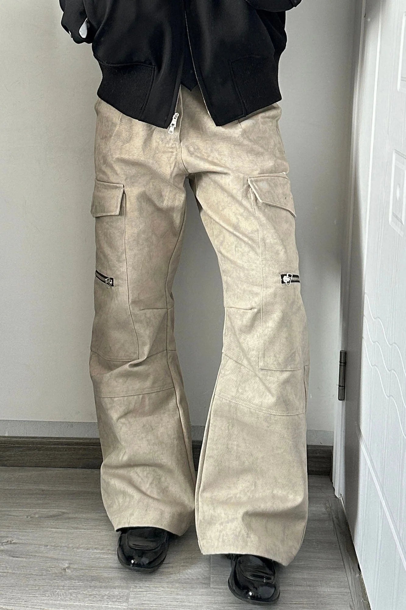 OKAYTHXBYE Muted Marble Multi-Pocket Panel Flared Cargo Pants