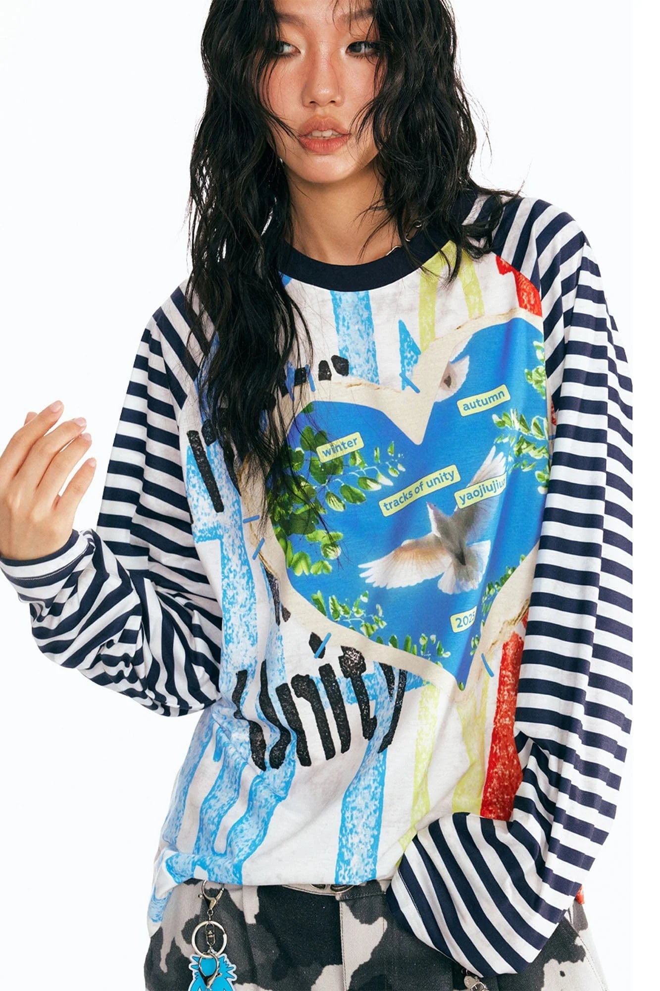 1997 POSTOFFICE Peace Dove Striped Raglan Long-Sleeve Tee