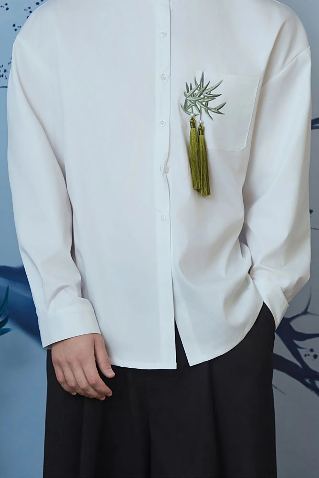 JIECHI Bamboo Tassel Embroidered Mandarin Shirt
