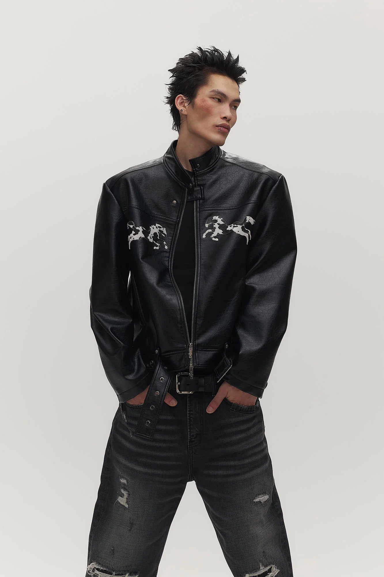 SAVAGEGROWTHWORLD Horse Patch Faux Leather Moto Jacket