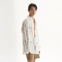 ORAL UTOPIA Ornate Sequin Embroidered Linen-Blended Tie Shirt