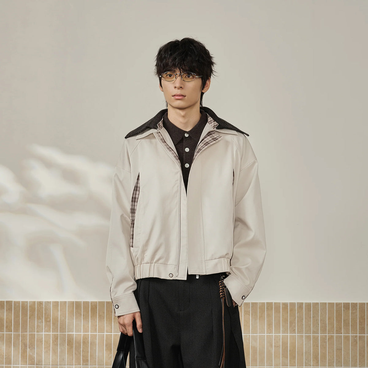 MOITIEDEPETALE Convertible Collar & Hood Plaid Pocket Jacket