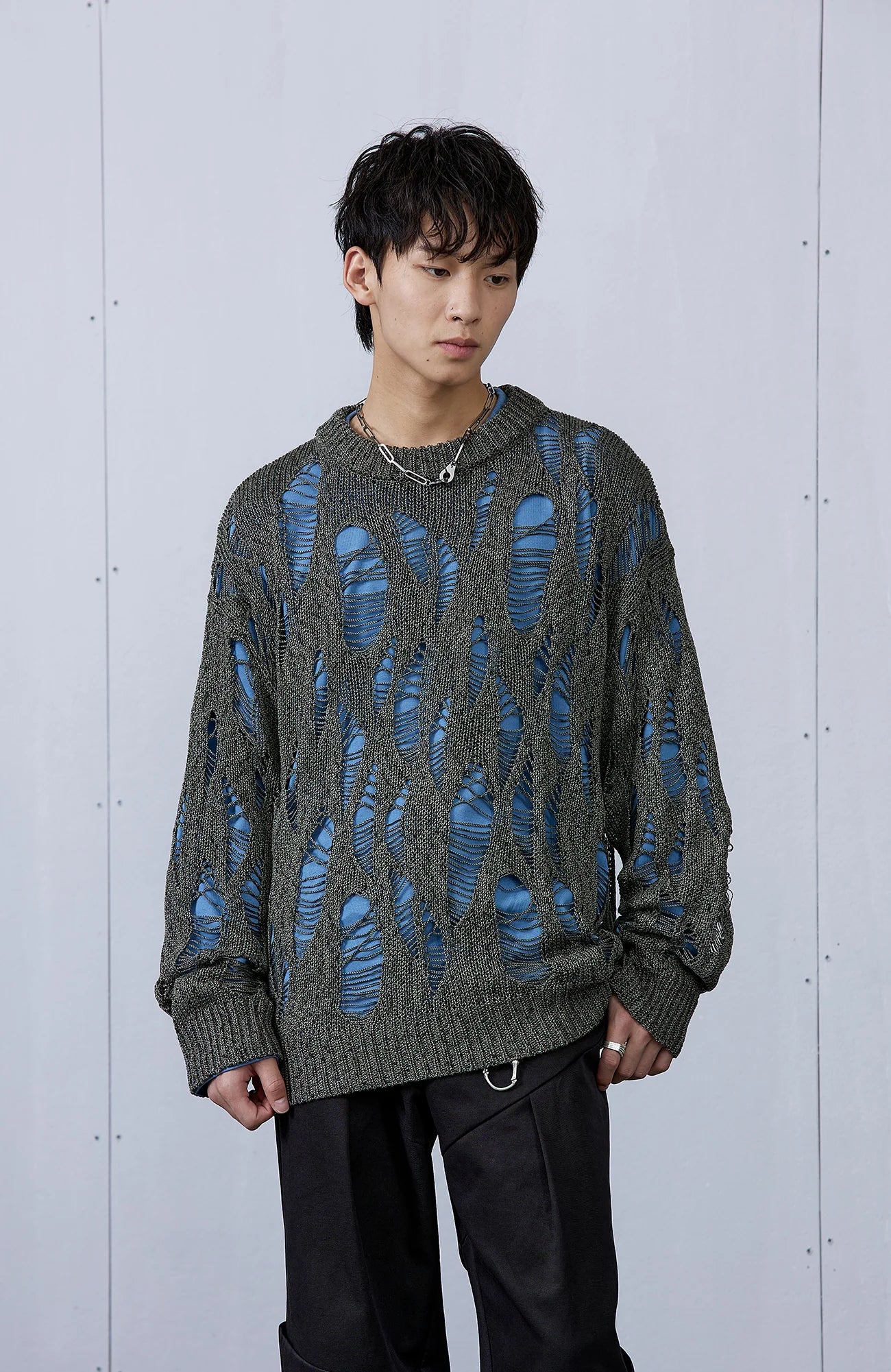 ROARINGWILD A ARCH Distressed Hollowed-Knit Sweater