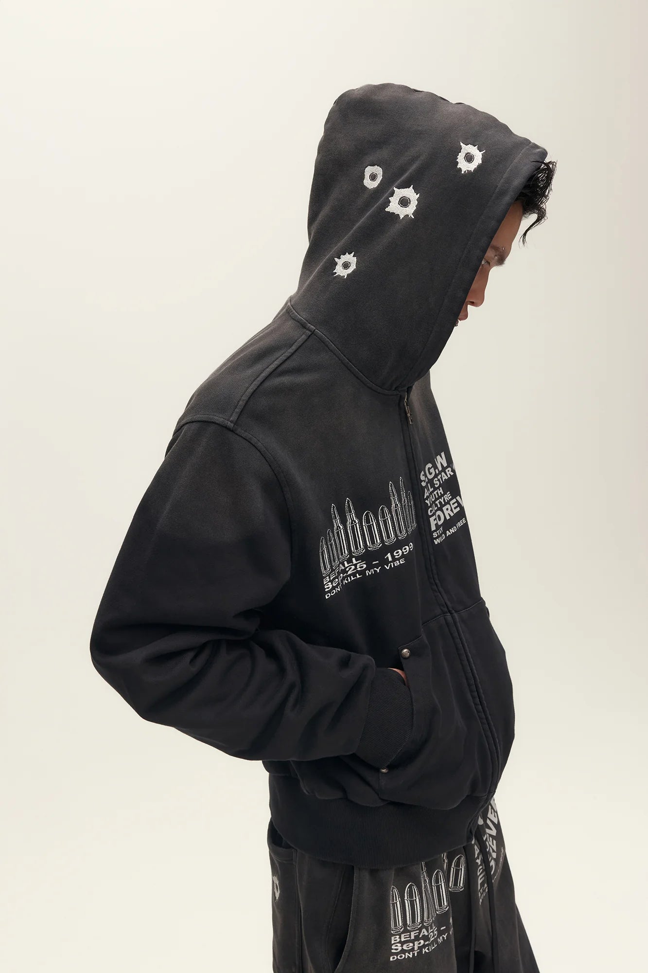 SAVAGEGROWTHWORLD Bullet Hole Graphic Washed Zip-Up Hoodie