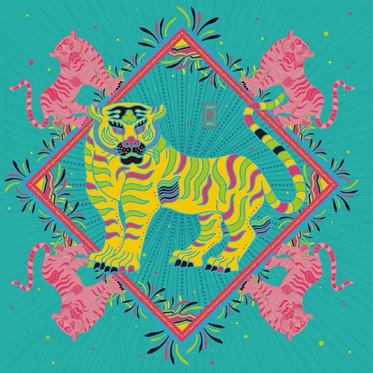 MASH UP ASIA Multicolor Tiger Sunburst Full-Print Square Scarf