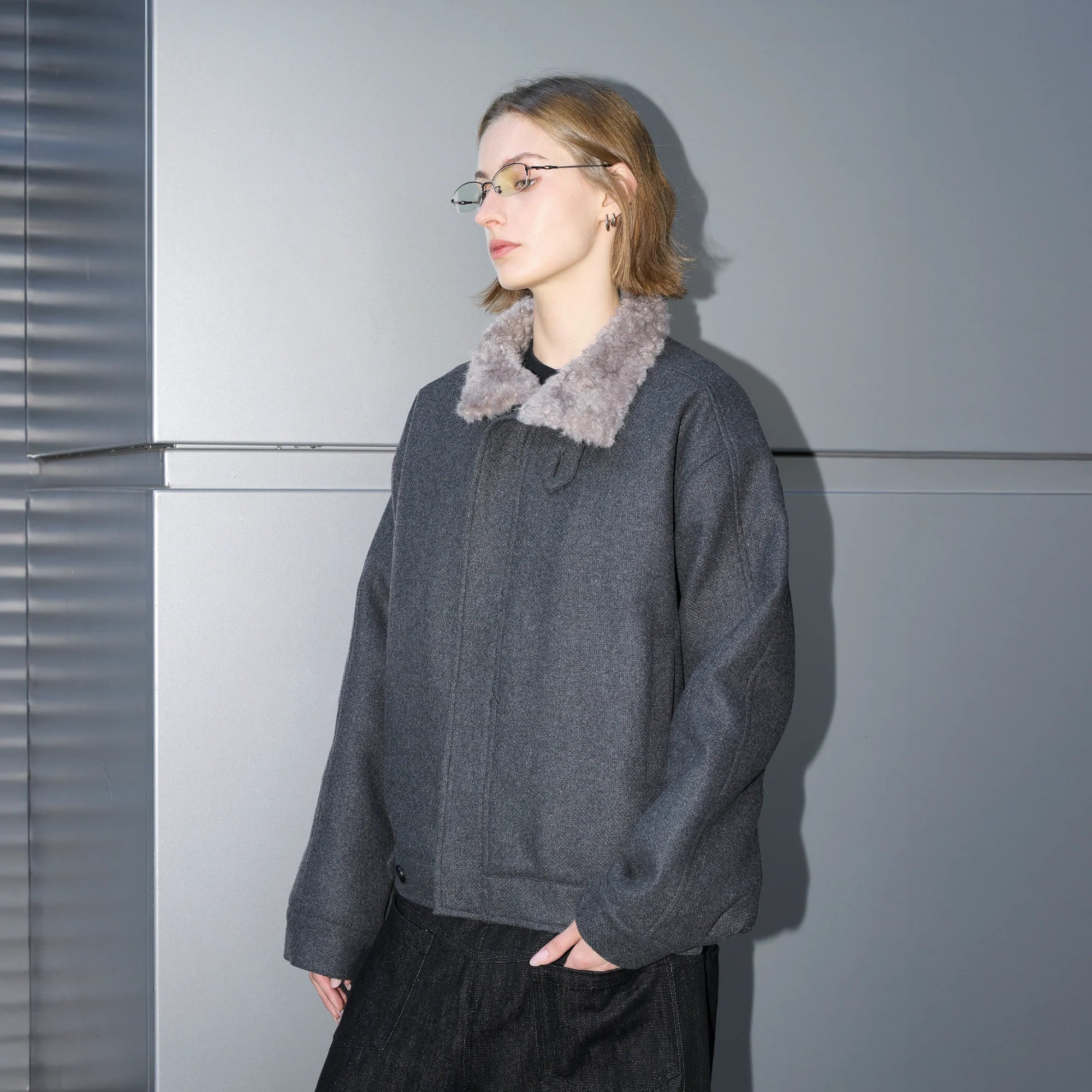 LABELROOM Modern Faux-Fur Collar Wool Jacket Gray