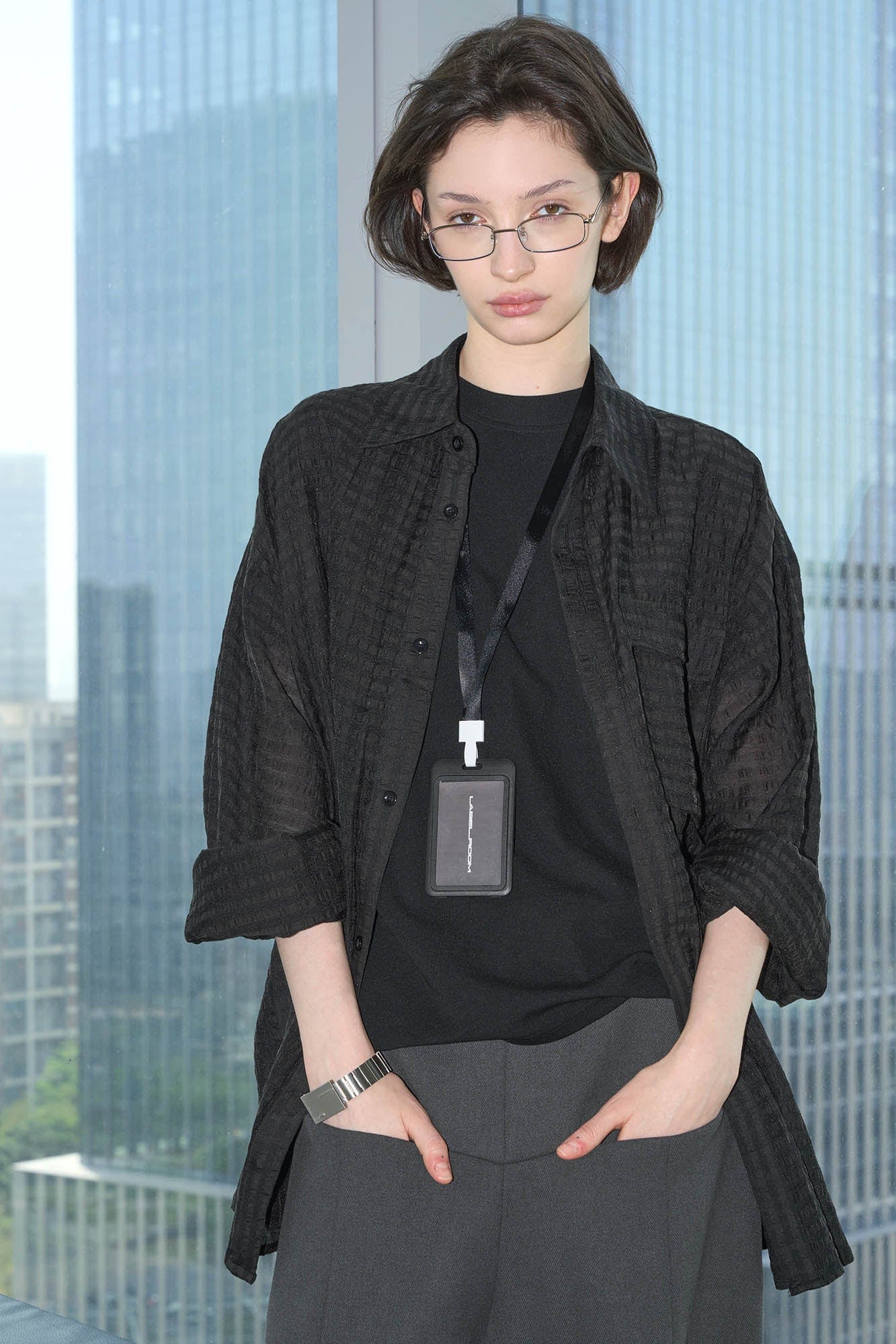 LABELROOM Sheer Textured Grid Oversized Shirt