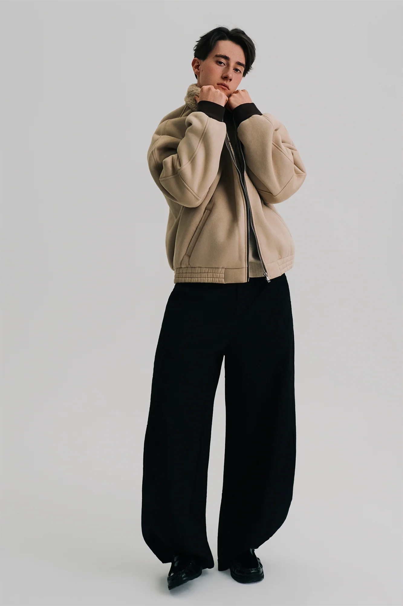 WIID Faux Suede Shearling-Collared Bomber Jacket