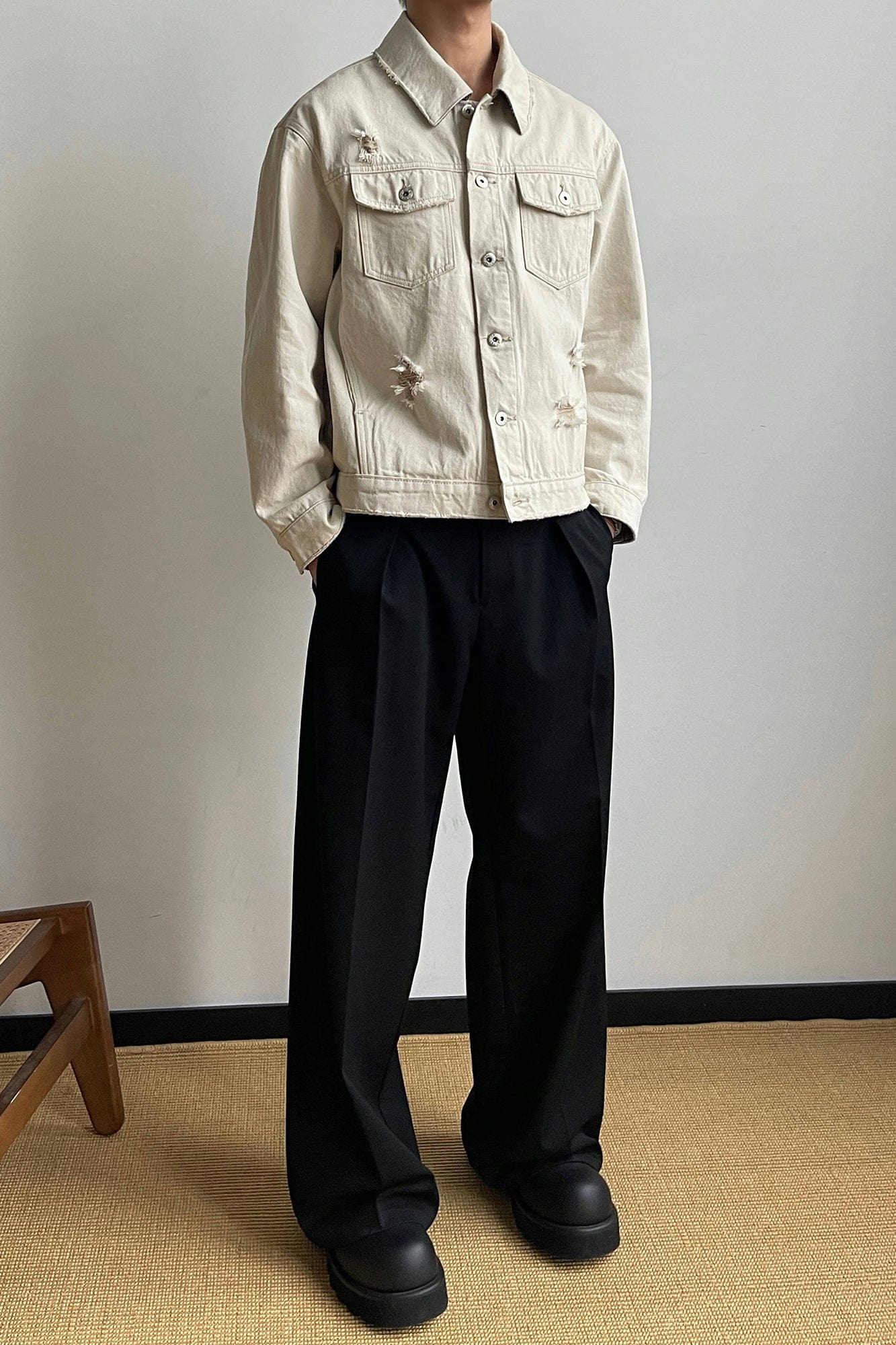 OKAYTHXBYE Distressed Houndstooth-Lined Frayed Jacket