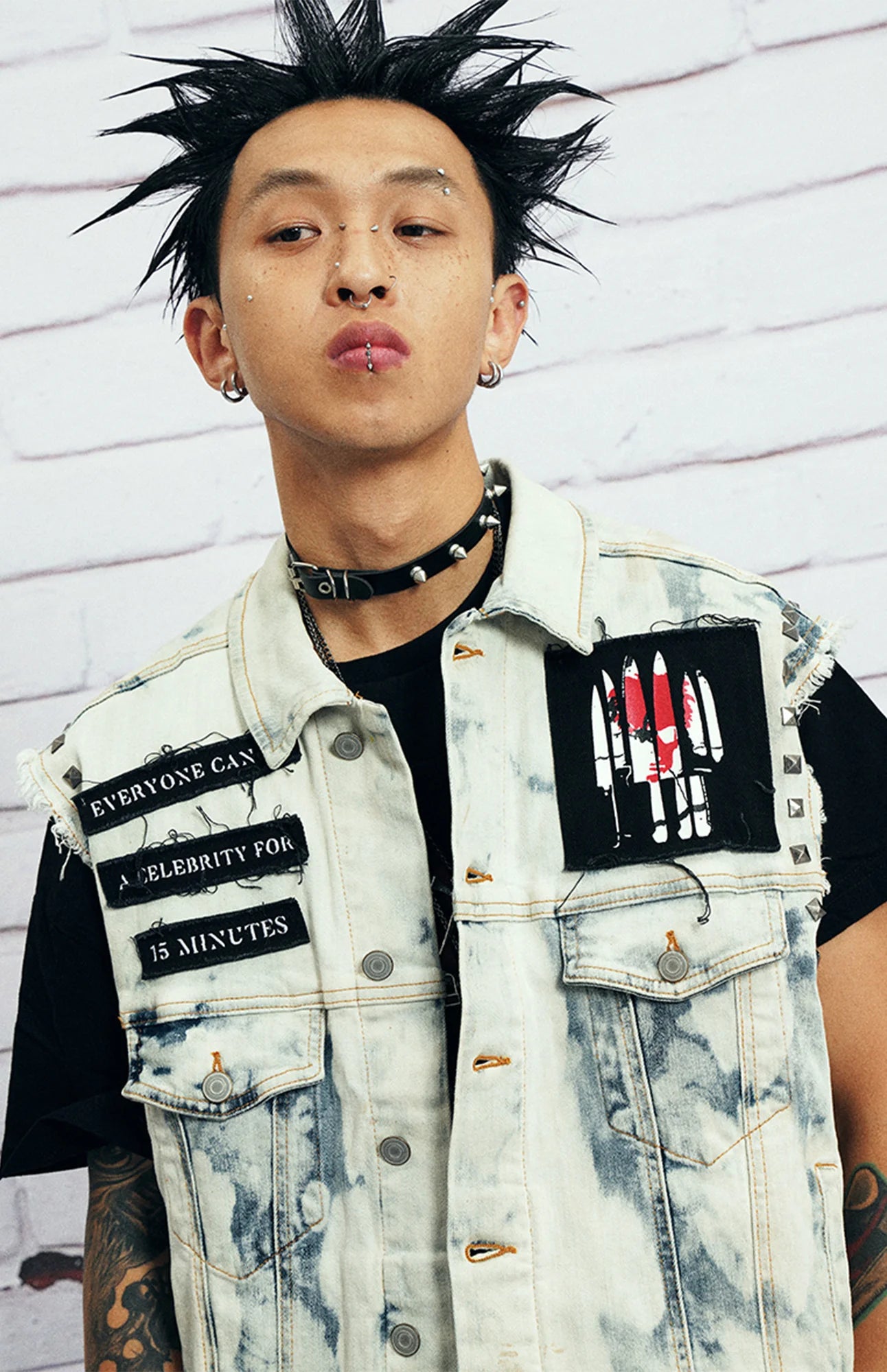 VENTUREK Distressed Washed Studded Patch Denim Vest
