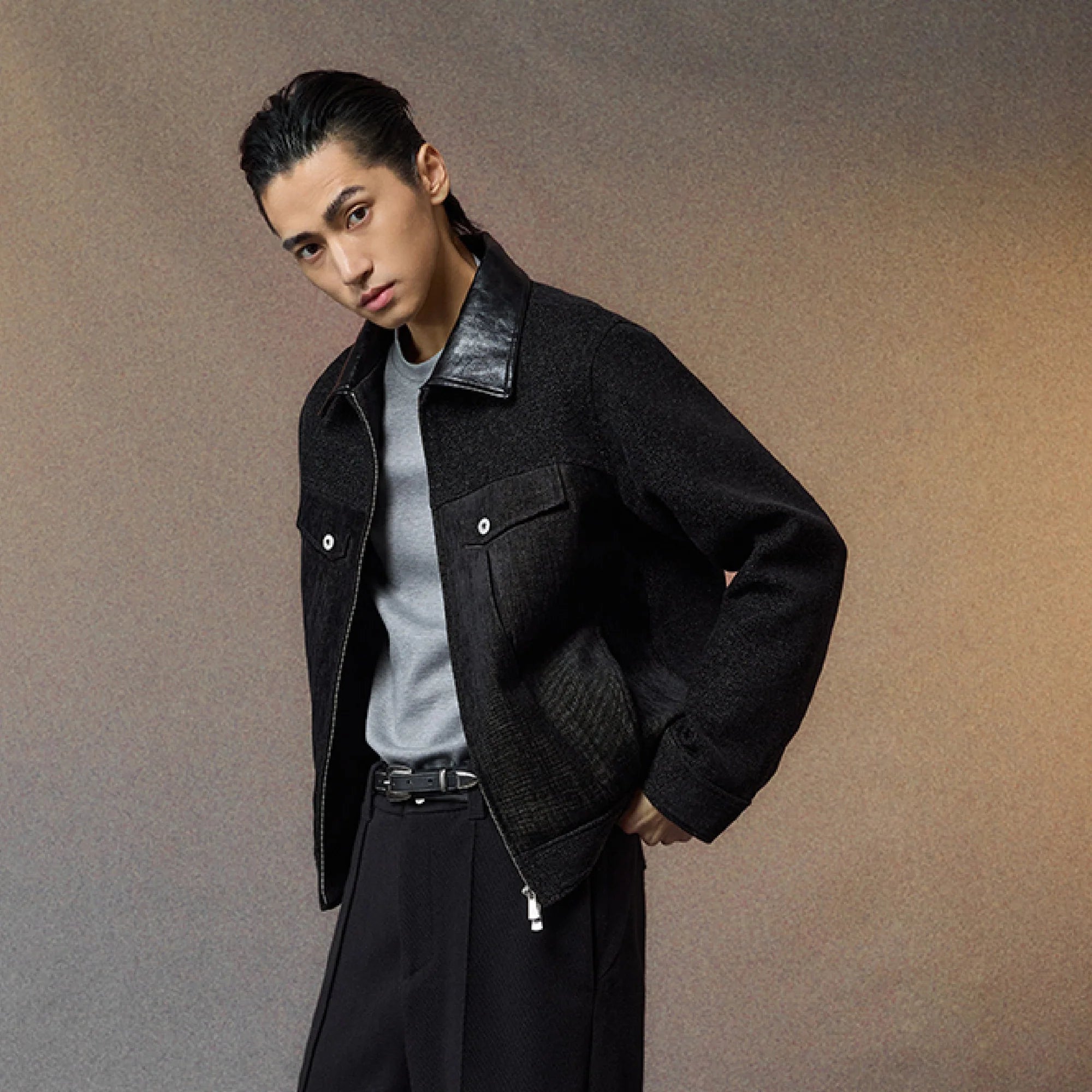 ALVNG AR ANTS Tweed Panelled PU-Collar Jacket