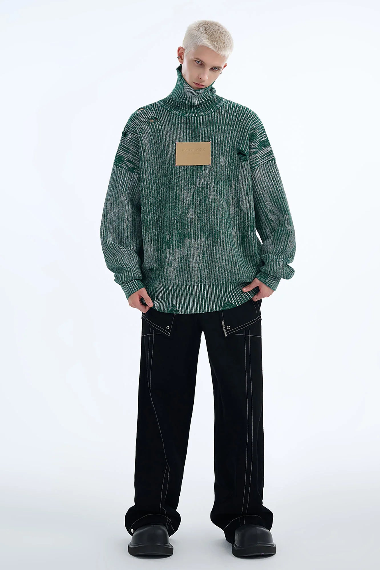 TIWILLTANG Distressed Foil High-Neck Sweater