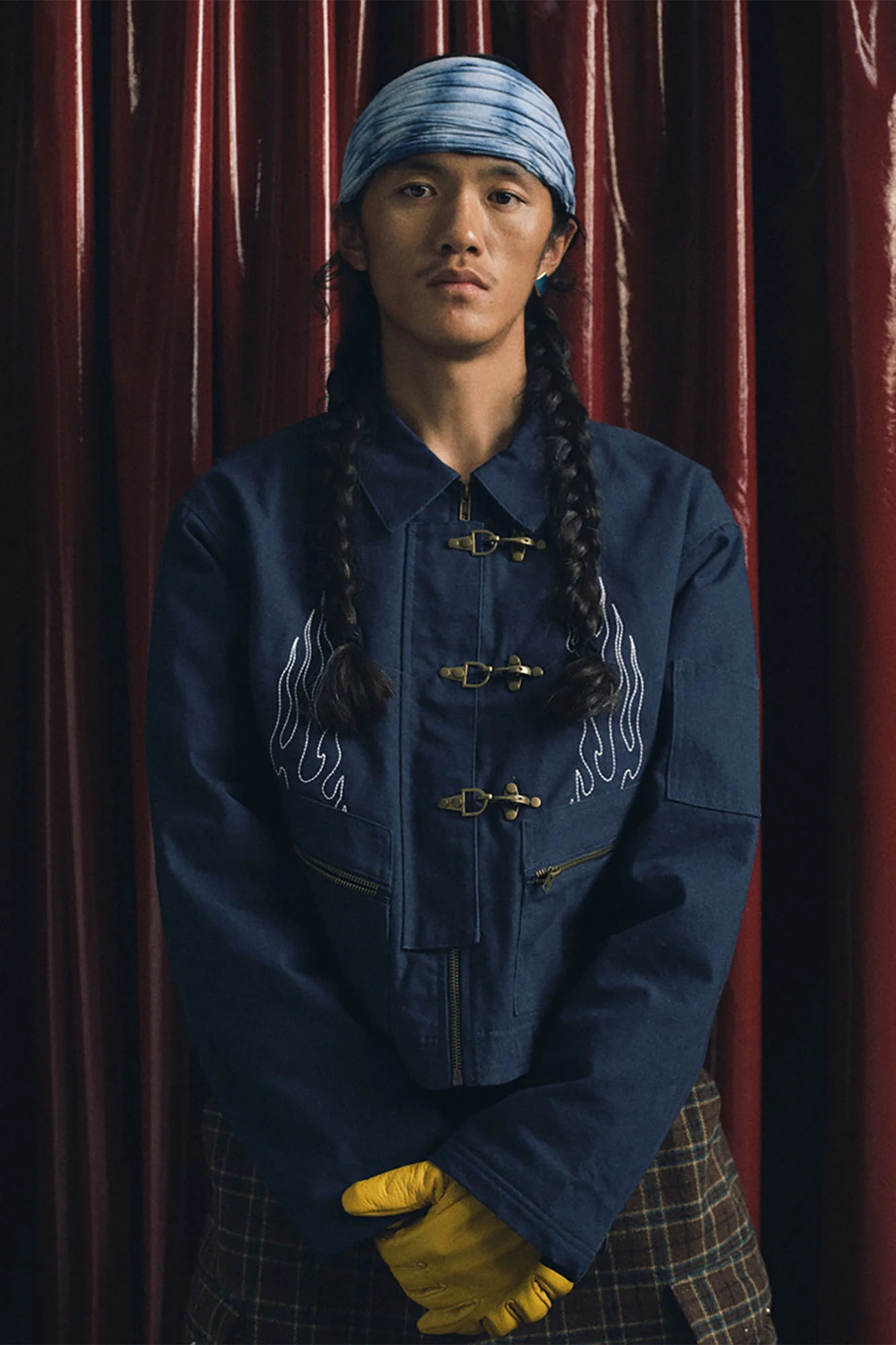 TRECLUB Flame Embroidered Hook Buckle Cropped Jacket