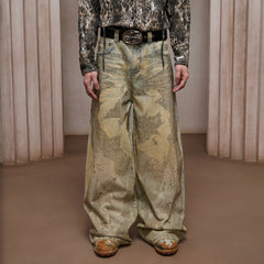 DND4DES Dirty-Washed Diamond Wide-Leg Jeans Yellow