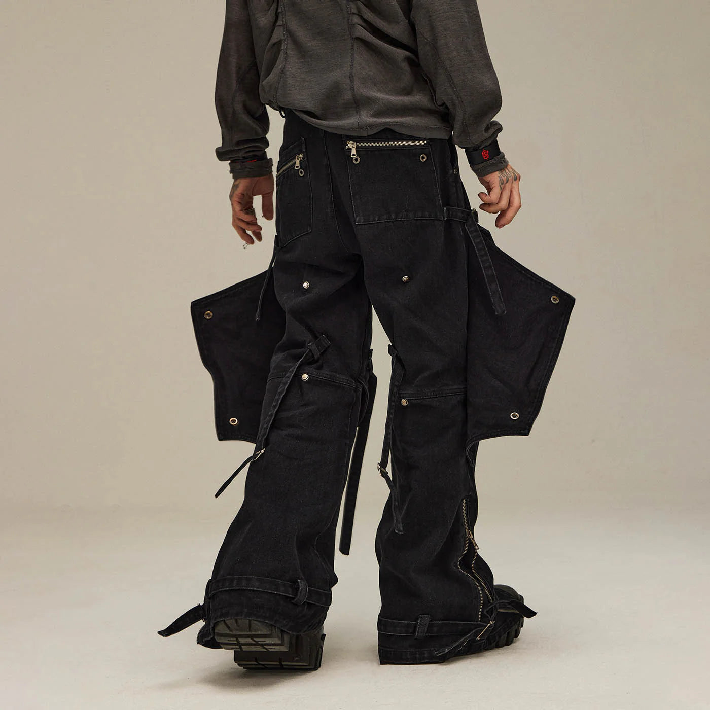 FLYERRER Spliced Faux-Layered Strap Zipper Pants