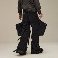 FLYERRER Spliced Faux-Layered Strap Zipper Pants