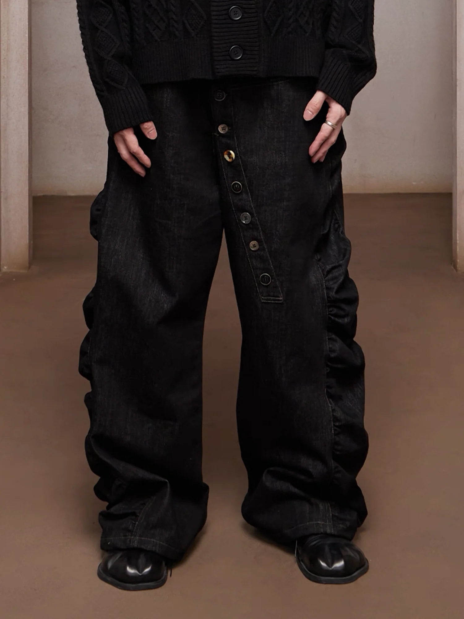 DND4DES Asym Button-Fly Ruched Baggy Jeans