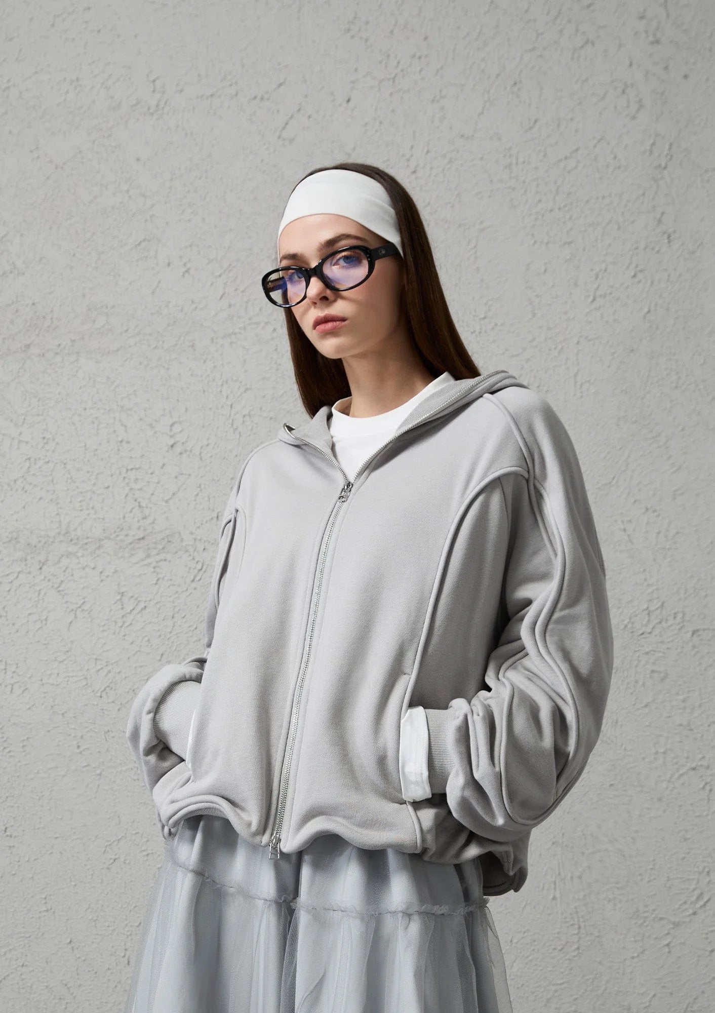 ORGANIC EMOTION Curved Panel Drawstring-Hem Zip-Up Hoodie