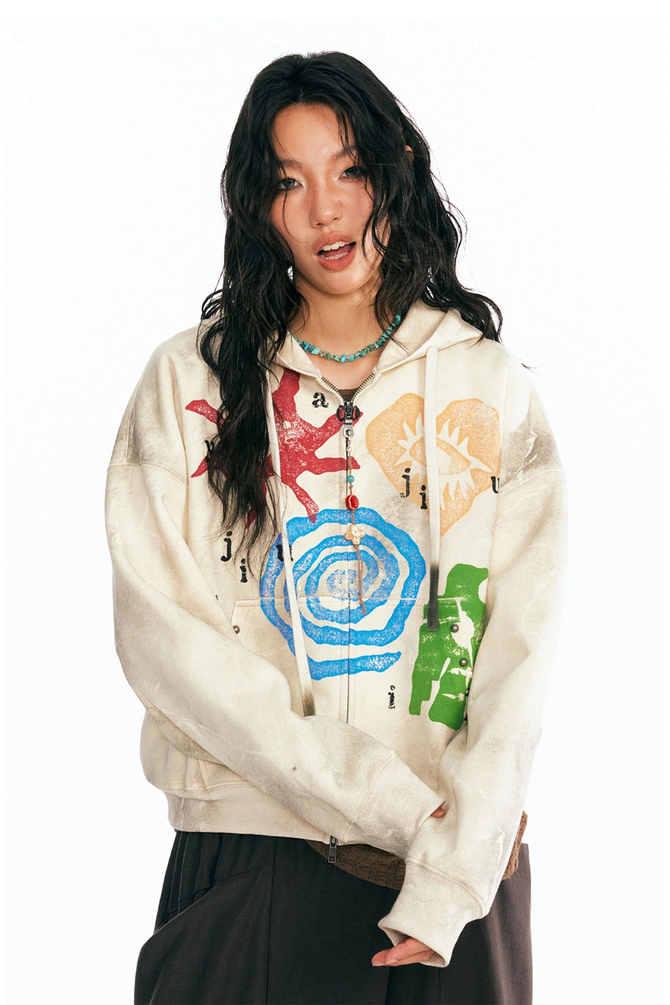 1997 POSTOFFICE Distressed Tribal Graphics Zip- Up Hoodie