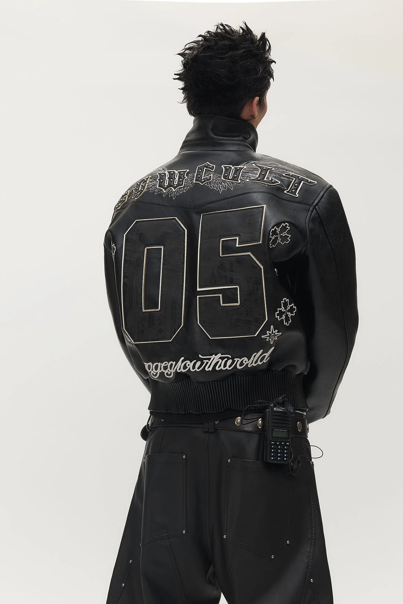 SAVAGEGROWTHWORLD No.05 Patch Faux Leather Studded Moto Jacket