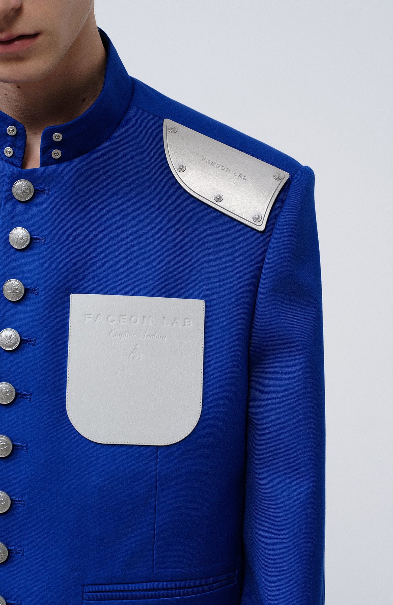 FACEONLAB Stand-Collar Metal-Shoulder Blazer Blue