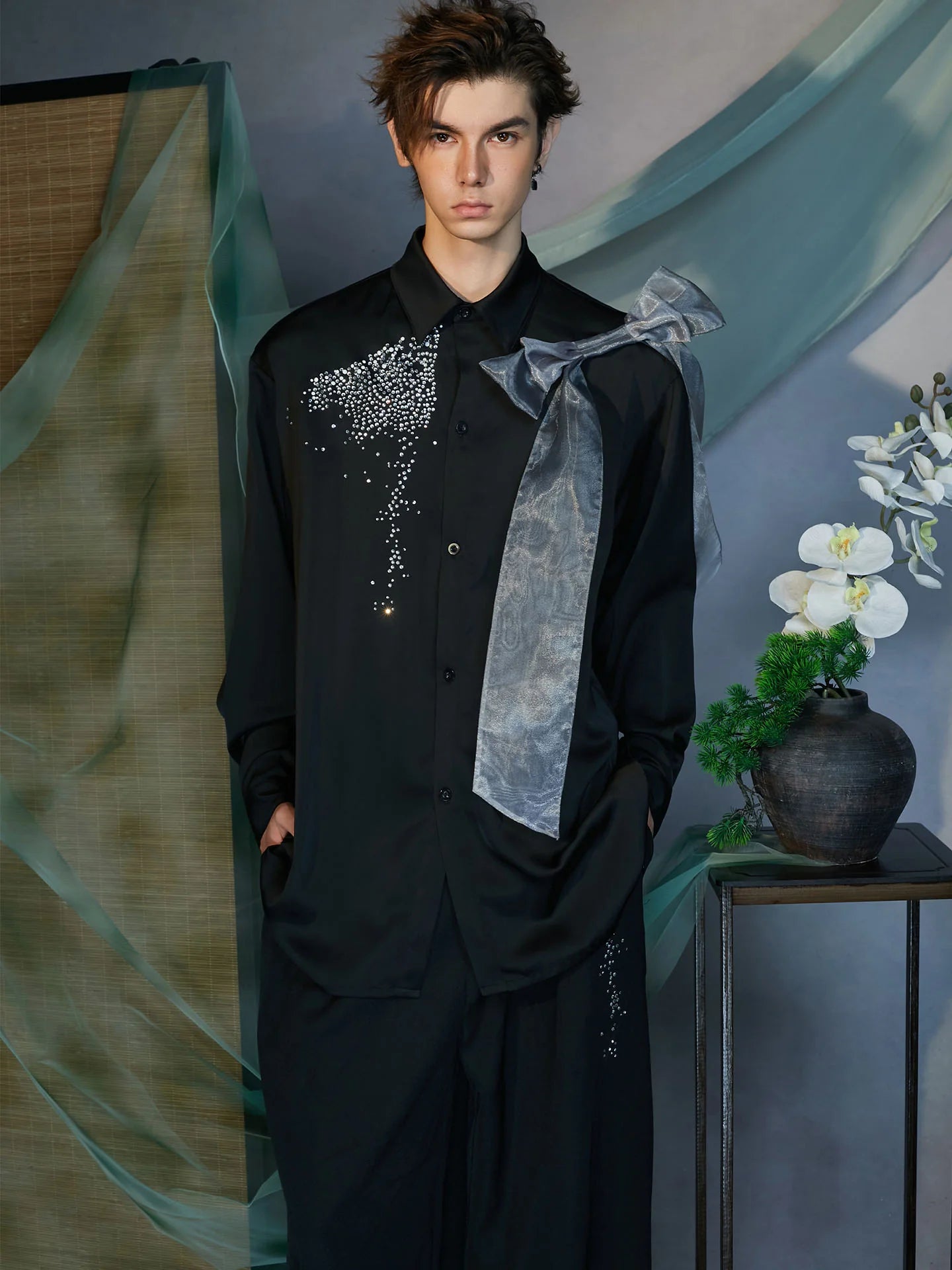 JIECHI Organza-Bow & Diamond Shirt