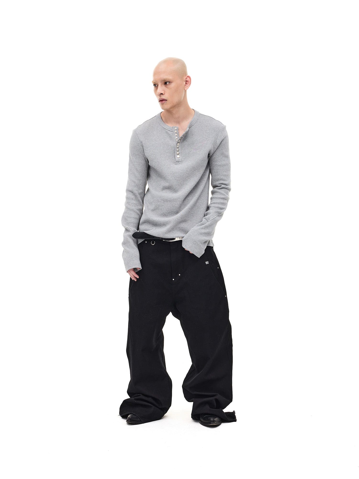 WHISTLEHUNTER Waffle-Knit Snap Henley Long-Sleeve Tee