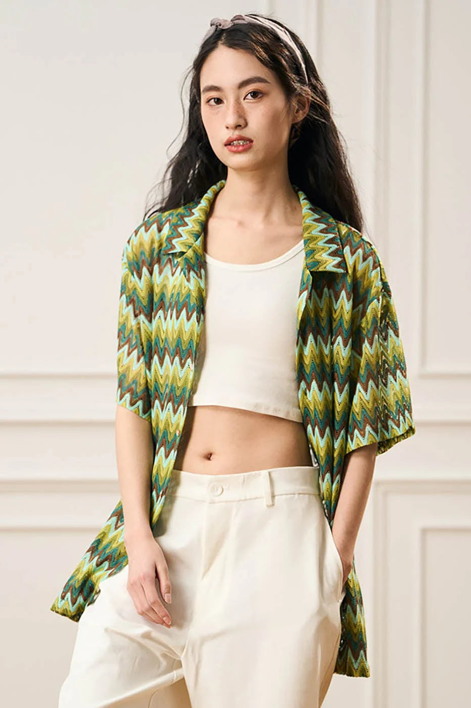EPIC POETRY Geometric Ripple Knitted Half Shirt Watermelon