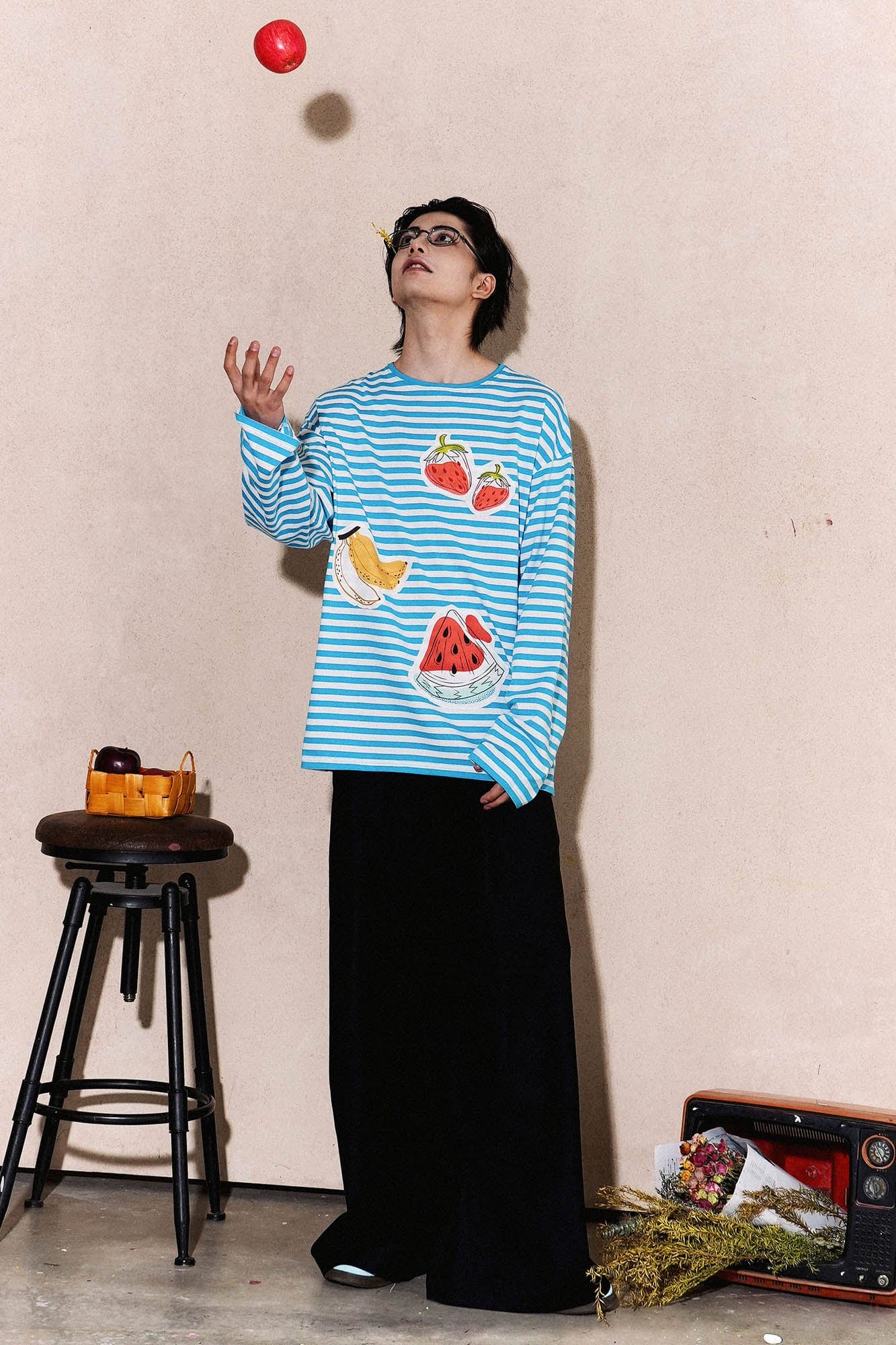 OIPWORD Snack Patchwork Striped Long-Sleeve Tee