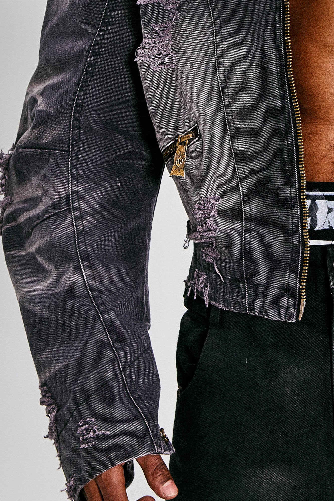 FLYERRER Distressed Curved Spliced Jacket Grey