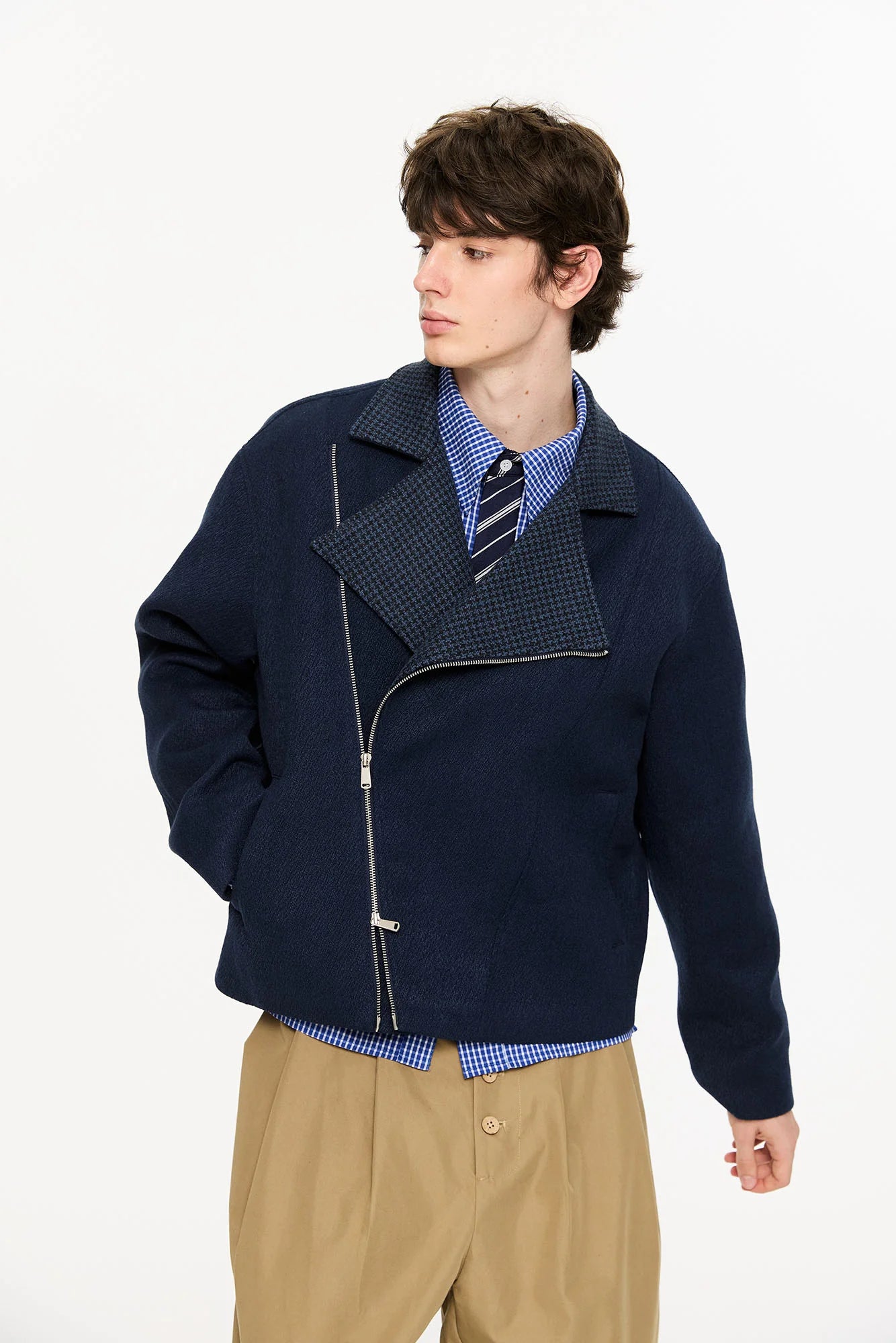 KREATE Houndstooth Wool-Blend Moto Jacket