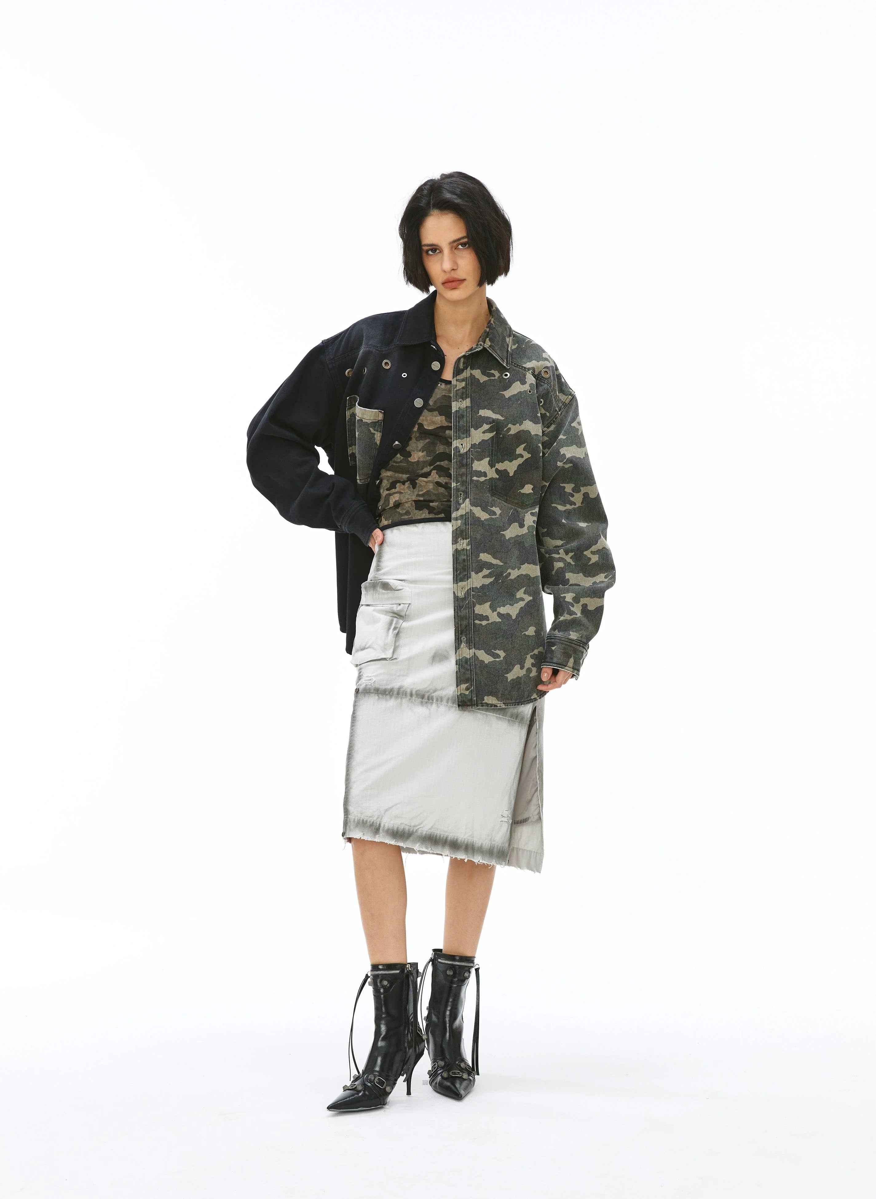VANN VALRENCE Paneled Camo Denim Shirt