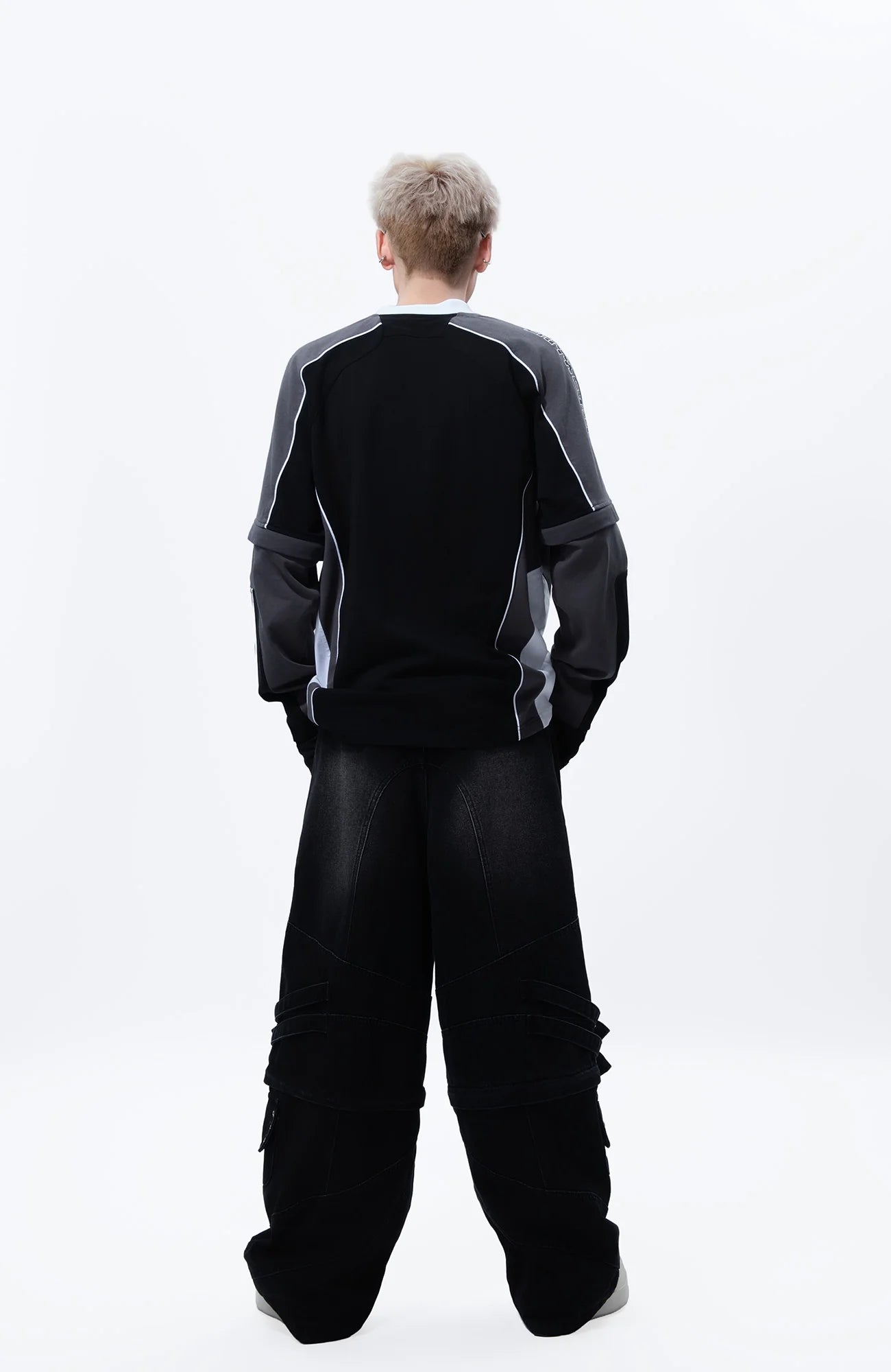 MOGONGSHE Detachable Drape-Strap Washed Jeans