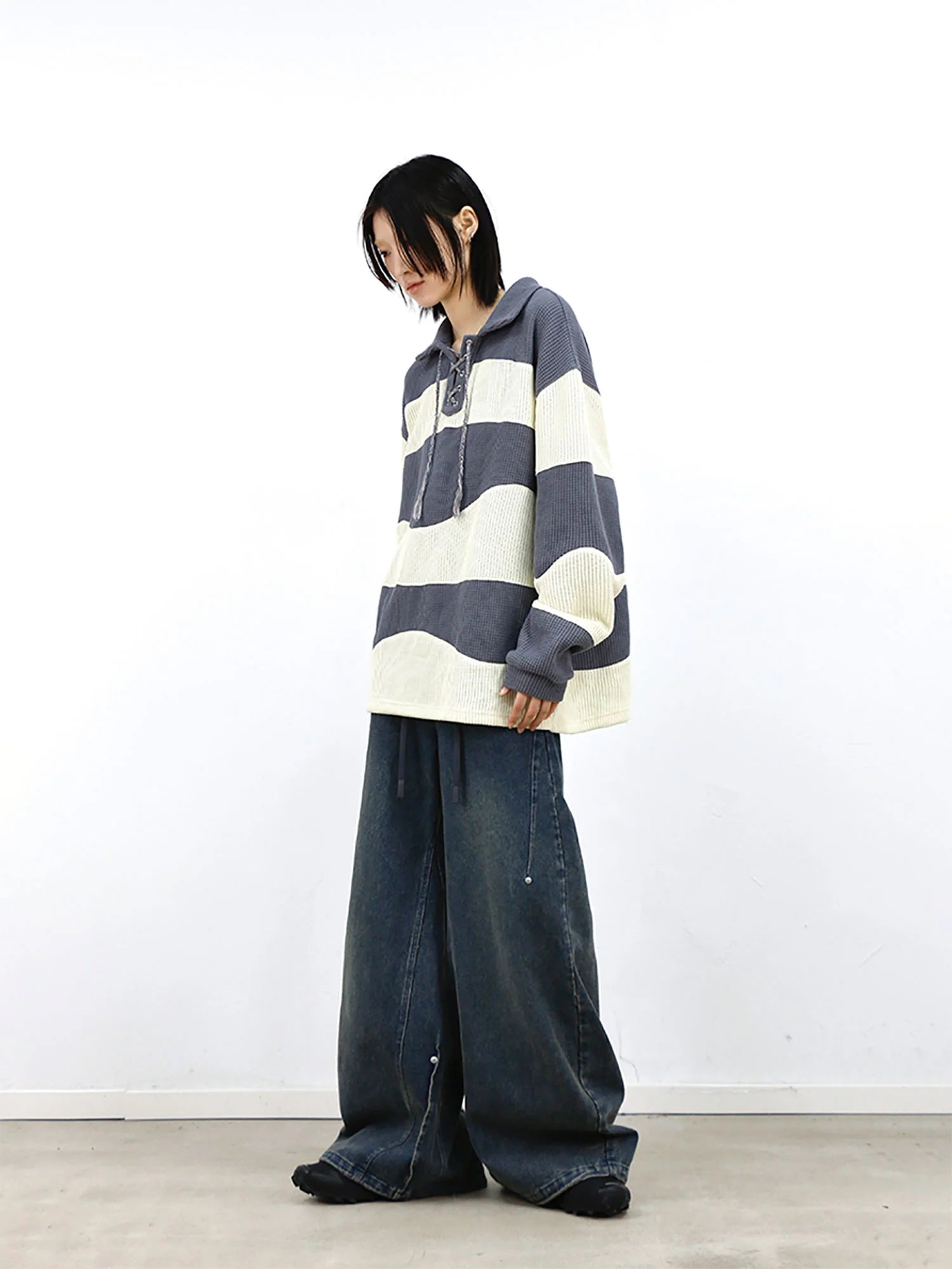 RELABEL Waffle-Knit Stripe Lace-Up Sweatshirt