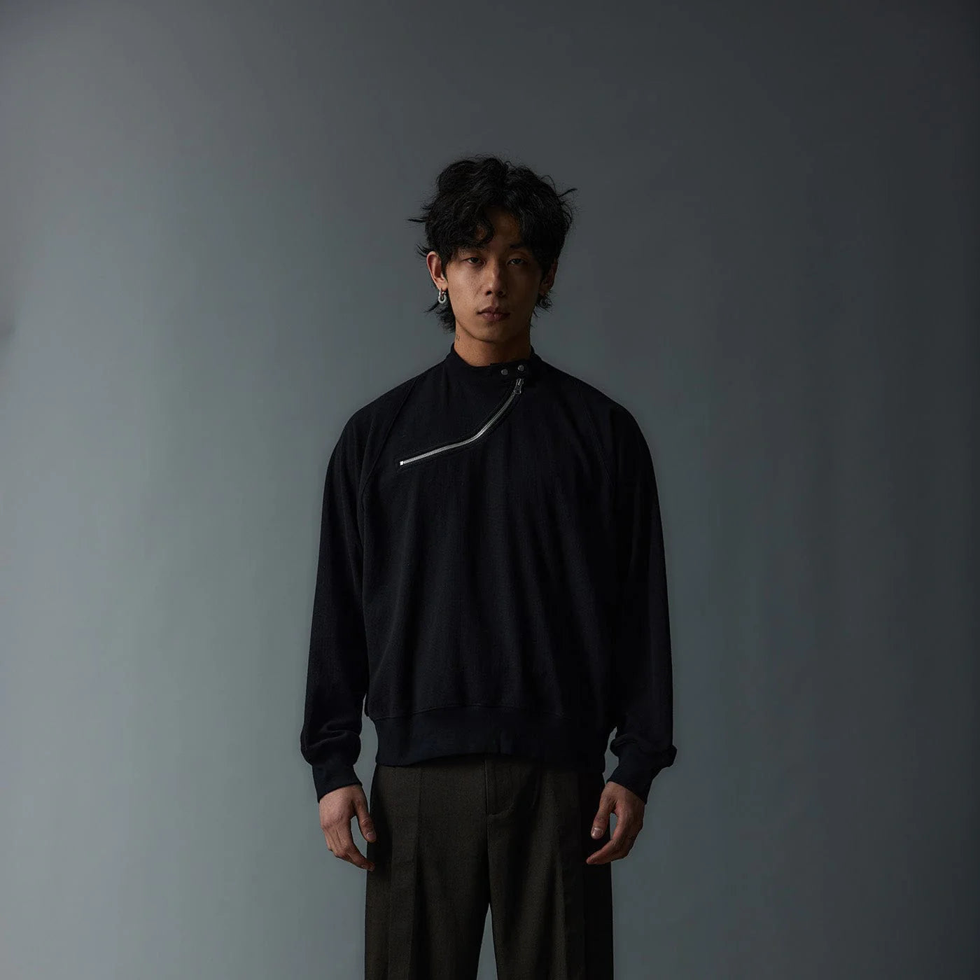 WHISTLEHUNTER Asymmetrical Zipper Rivet Mock Neck Light Sweatshirt