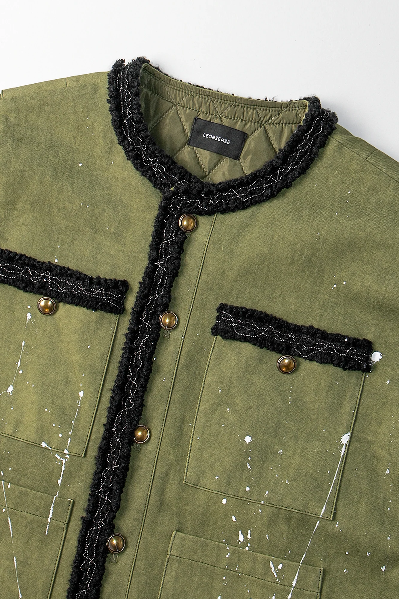 LEONSENSE Paneled Fleece Trim Paint-Splattered Jacket
