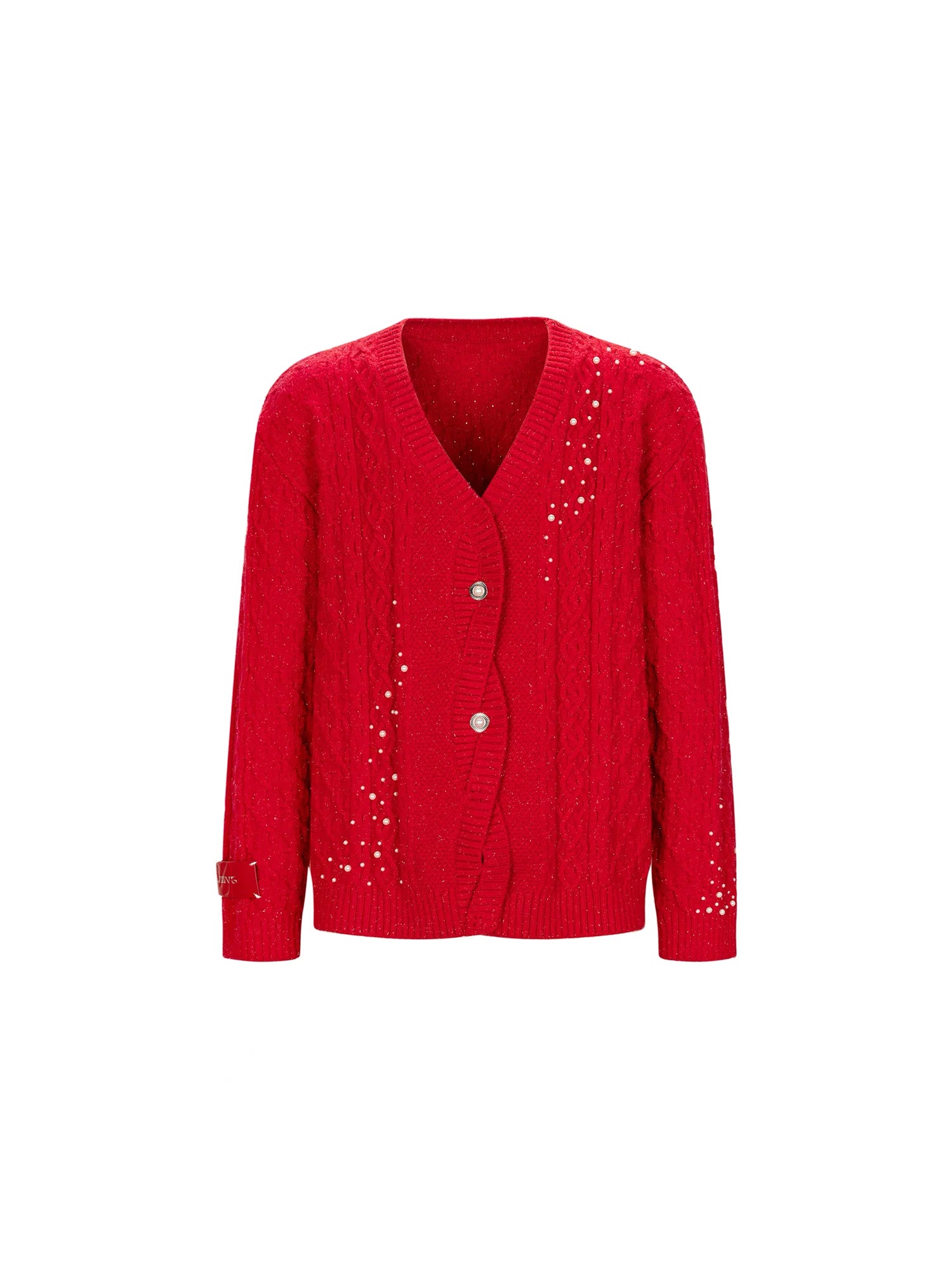 TIWILLTANG Pearl-Embellished Cable Knit Cardigan