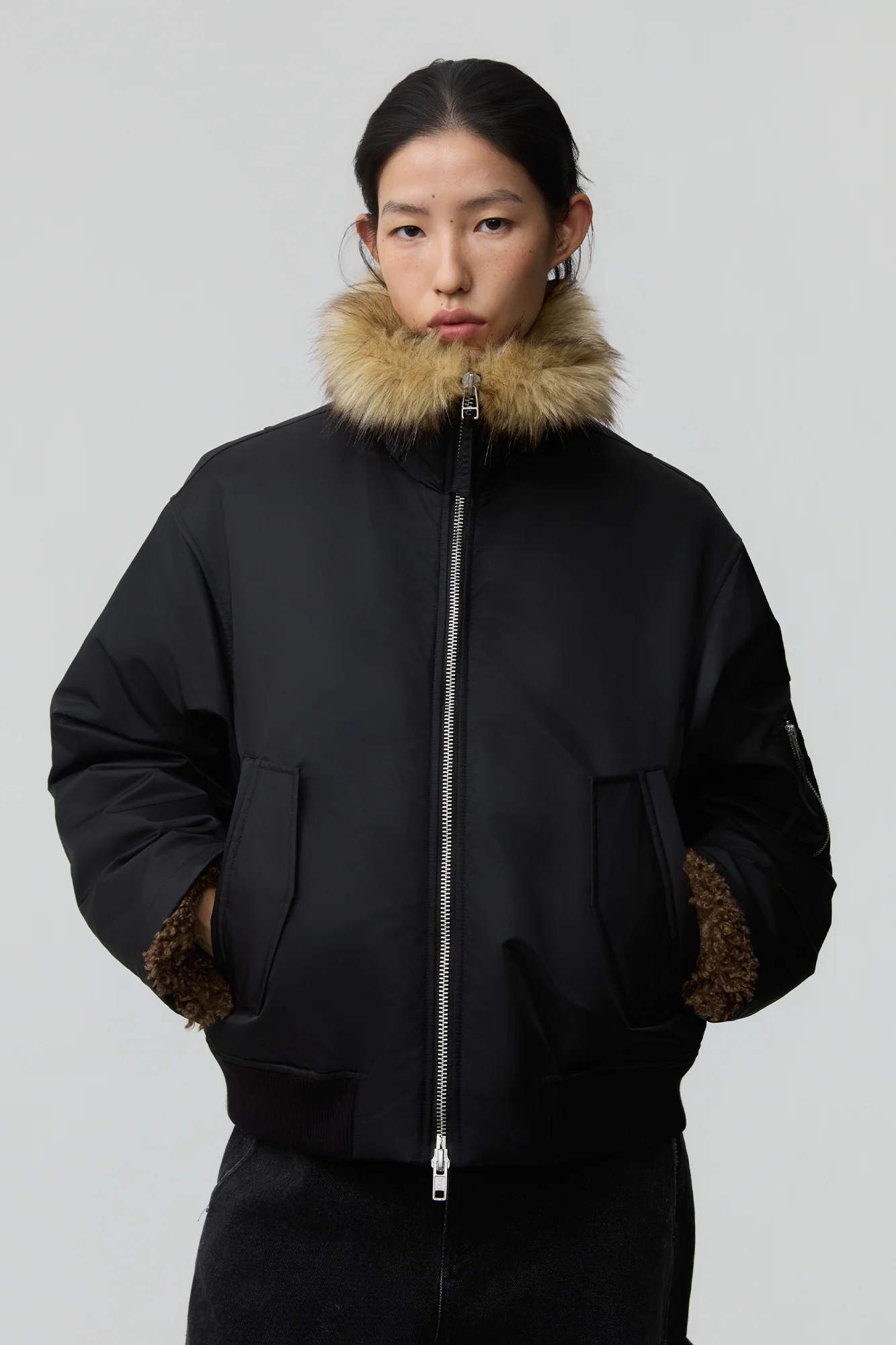 OPICLOTH Faux Fur-Lined Spliced Bomber Jacket