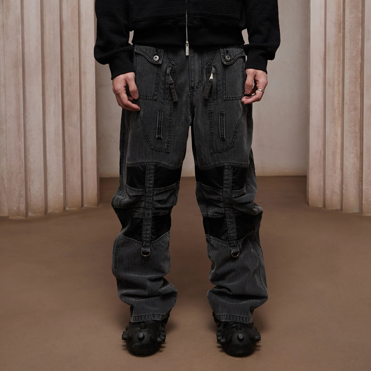 DND4DES Washed Paneled Strap-Tacked Jeans