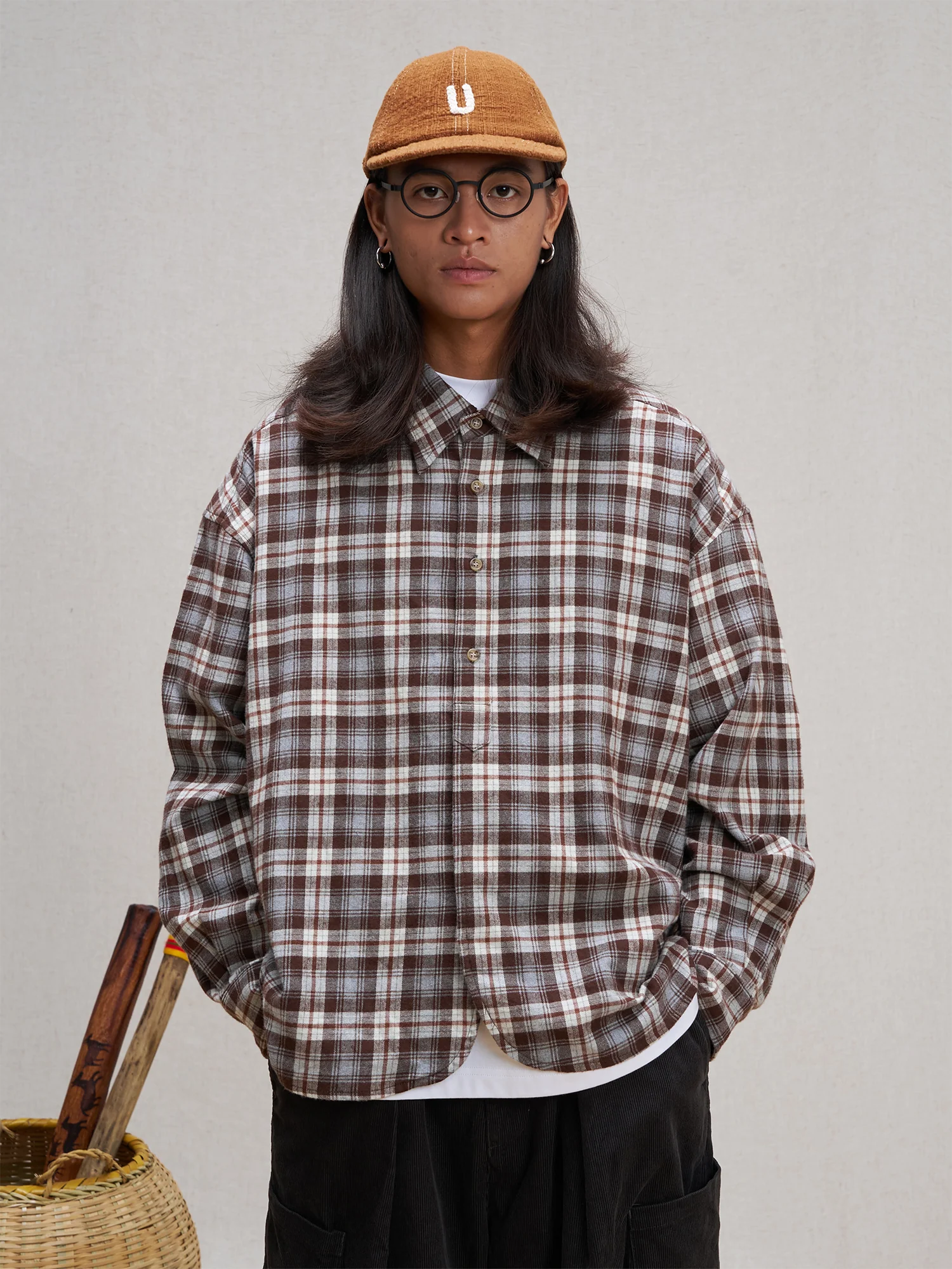 UNLIMITED MOTE Plaid Oversized Half-Open Collar Shirt Brown