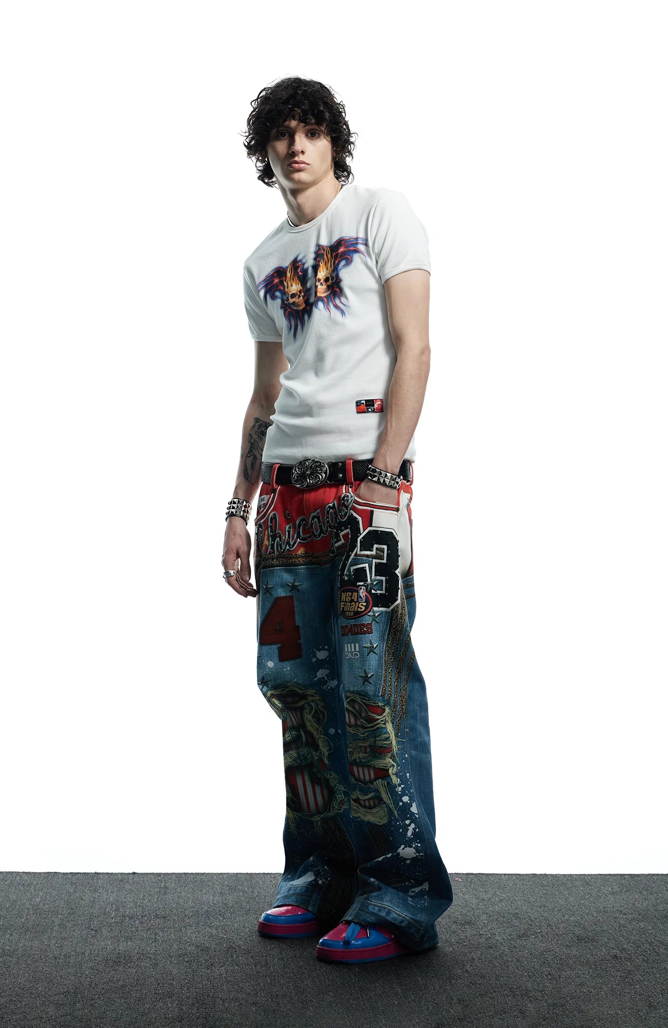DND4DES Chicago Bulls Print Studded Flare Jeans