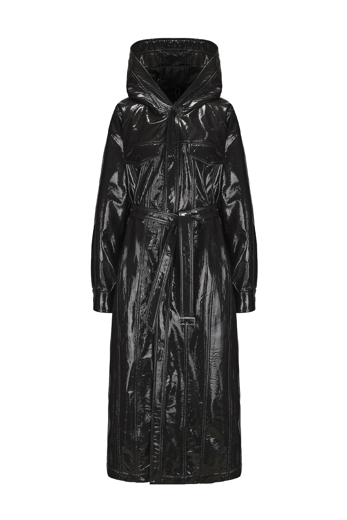 VANN VALRENCE Glossy Belted Hooded Padded Long Coat