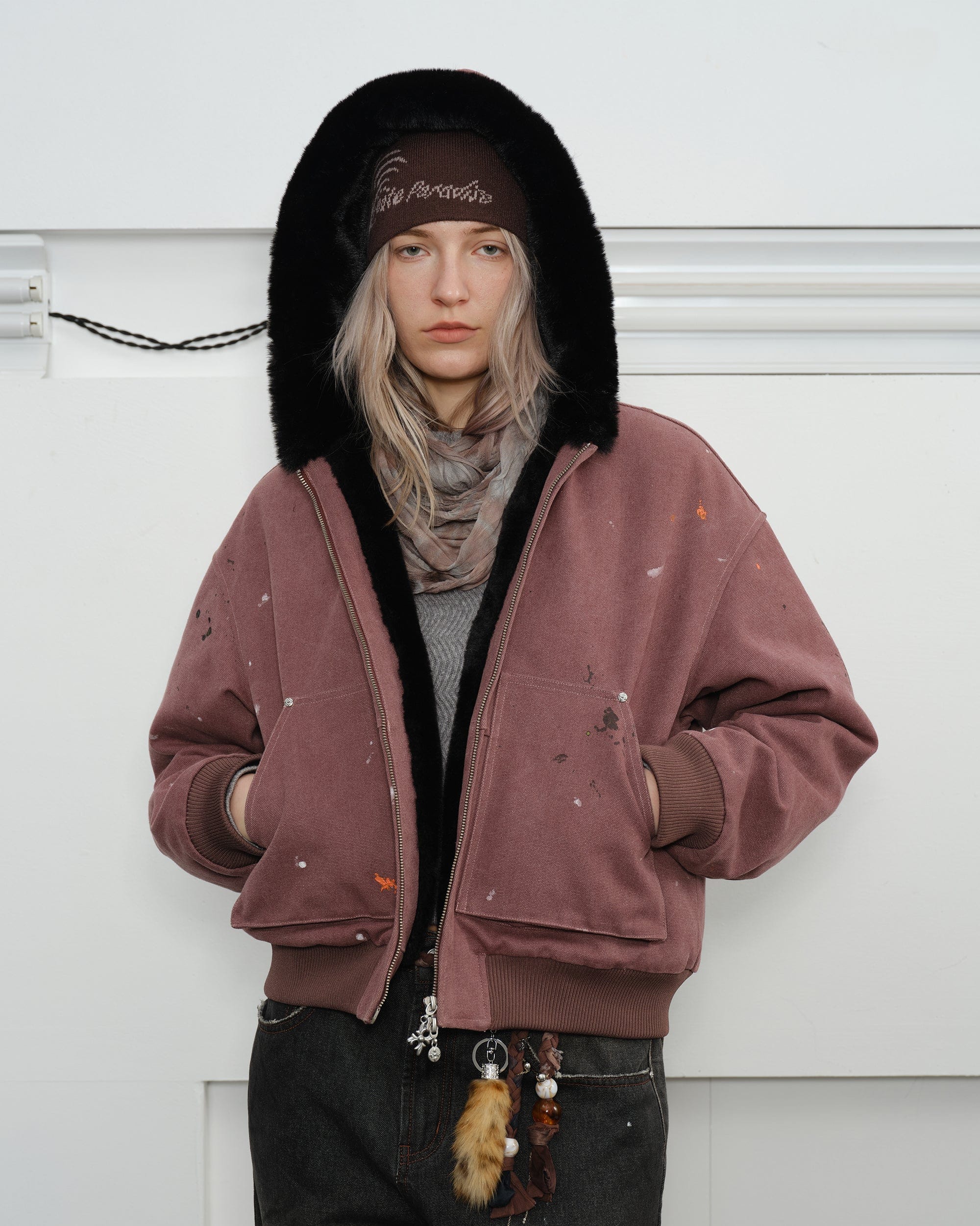 KREATE Rivet Zipper Paint-splattered Fleece-Lined Hooded Jacket