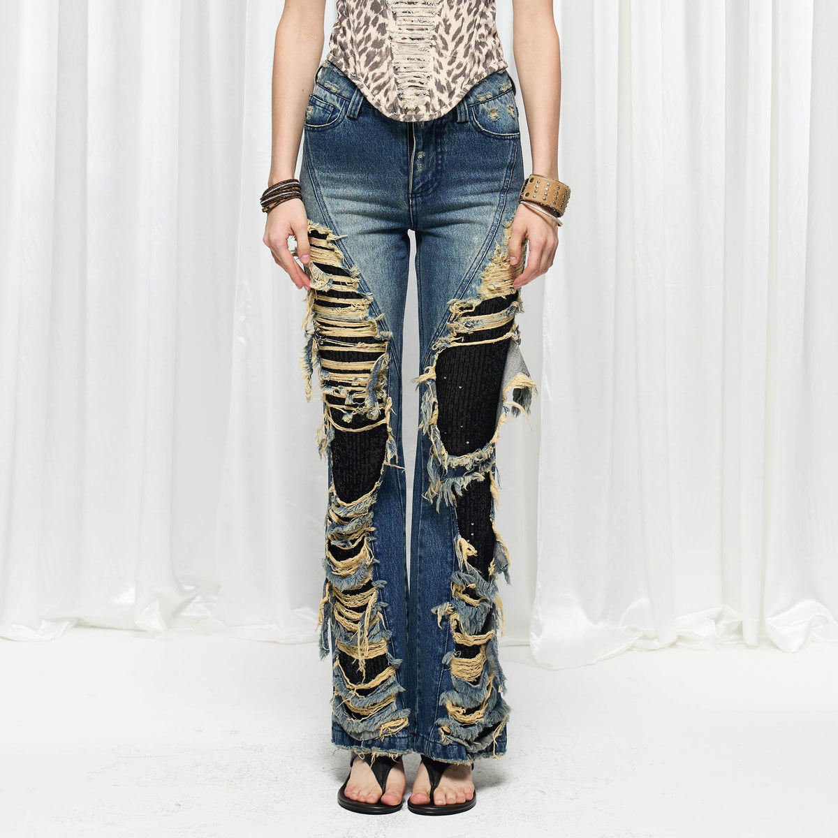 DND4DES×Faychui Grunge Heavy-Distressed Layered Flared Jeans